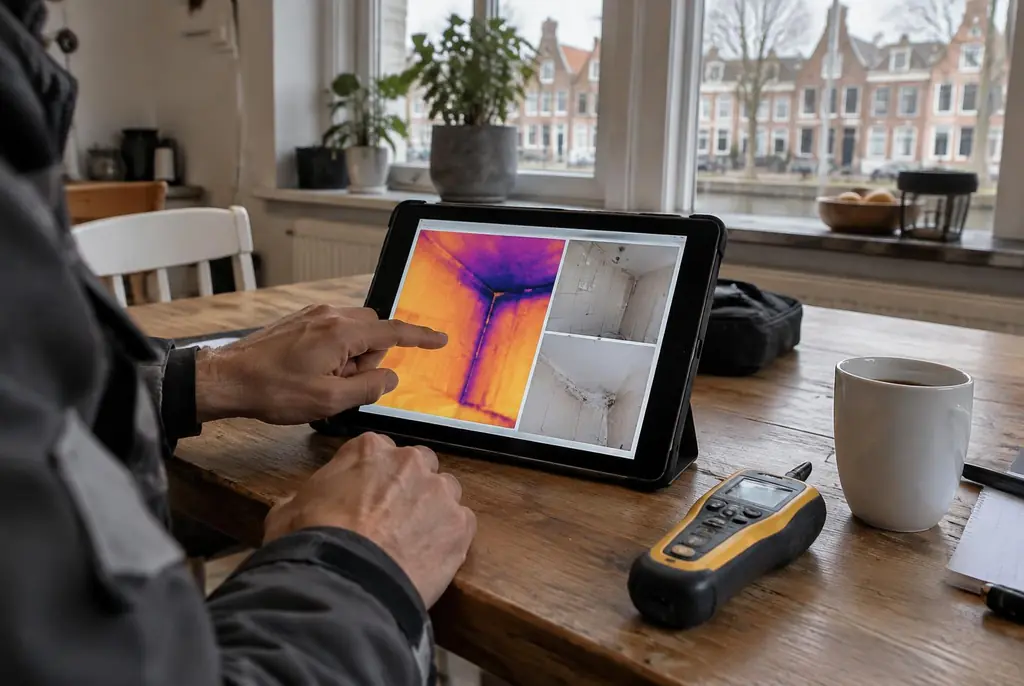 Lekdetectie Rhenen – lekdetectierapport met warmtebeelden en foto's op een tablet