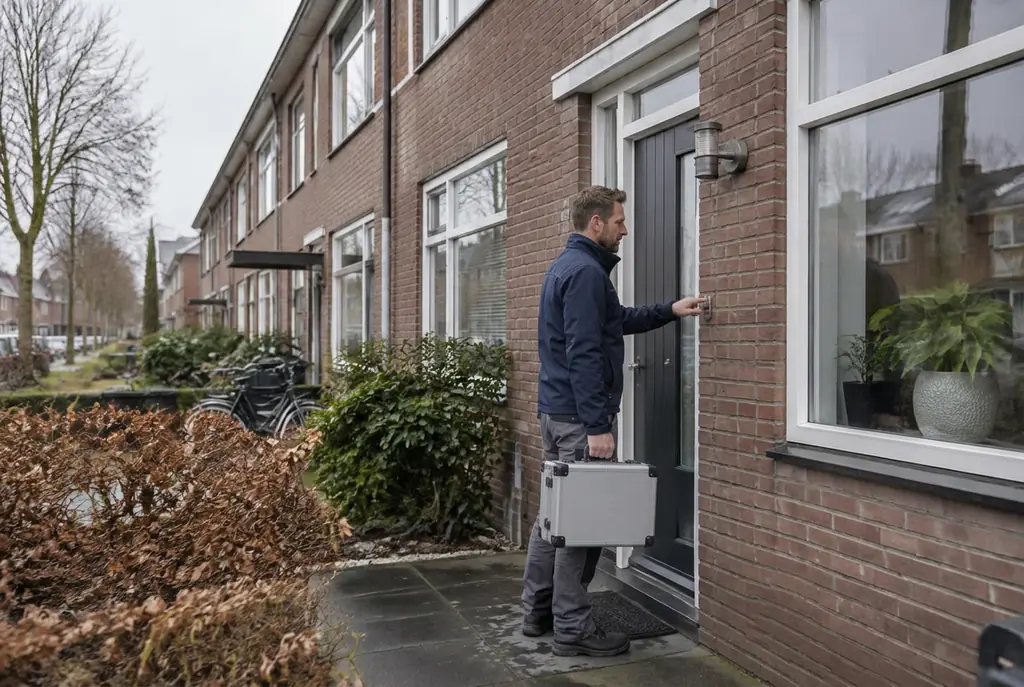 Lekdetectiespecialist met meetkoffer bij de voordeur van een woning in Rhenen
